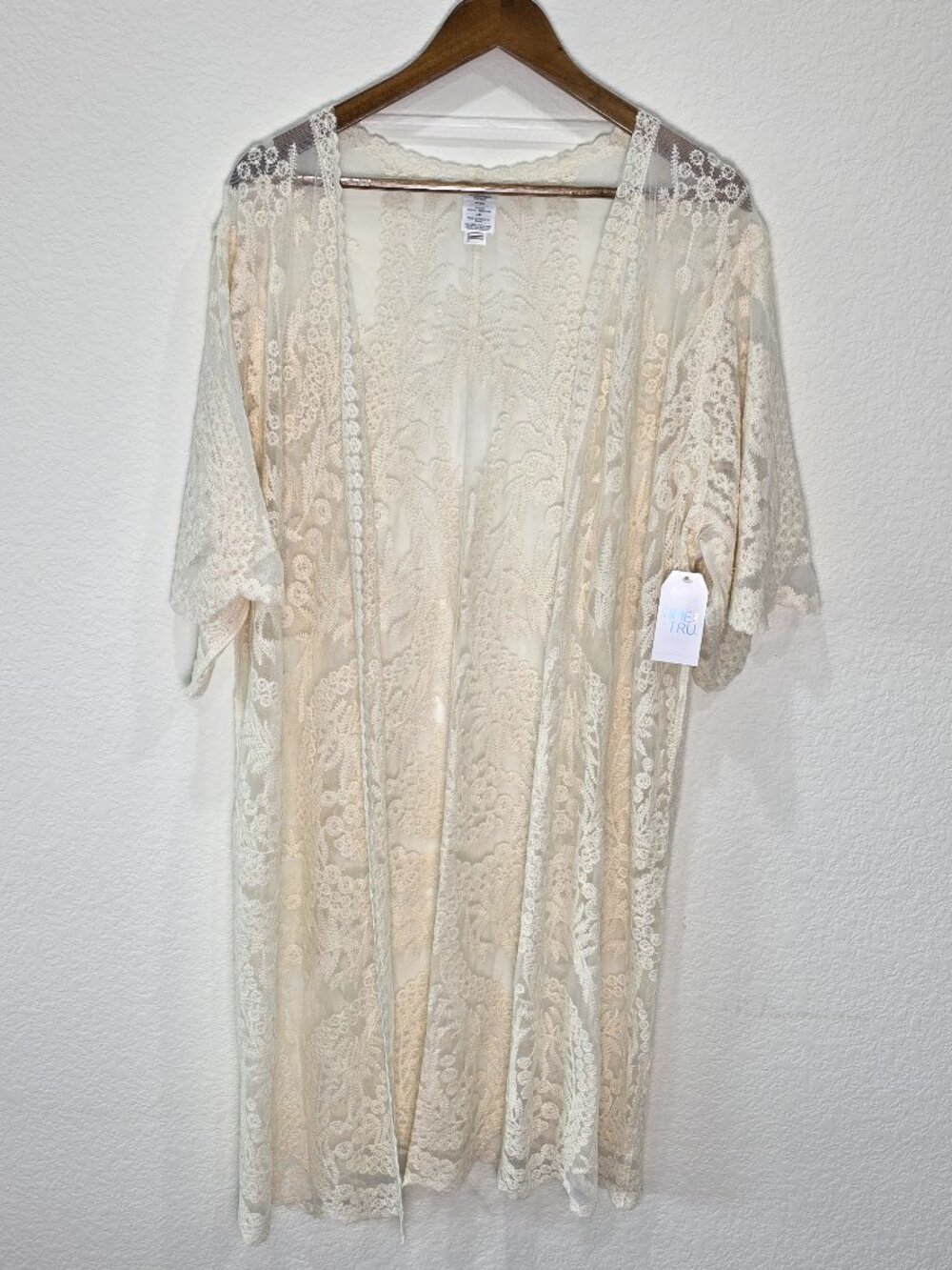 NWT Ivory Floral Lace Kimono Duster Cardigan Coverup Boho L/XL